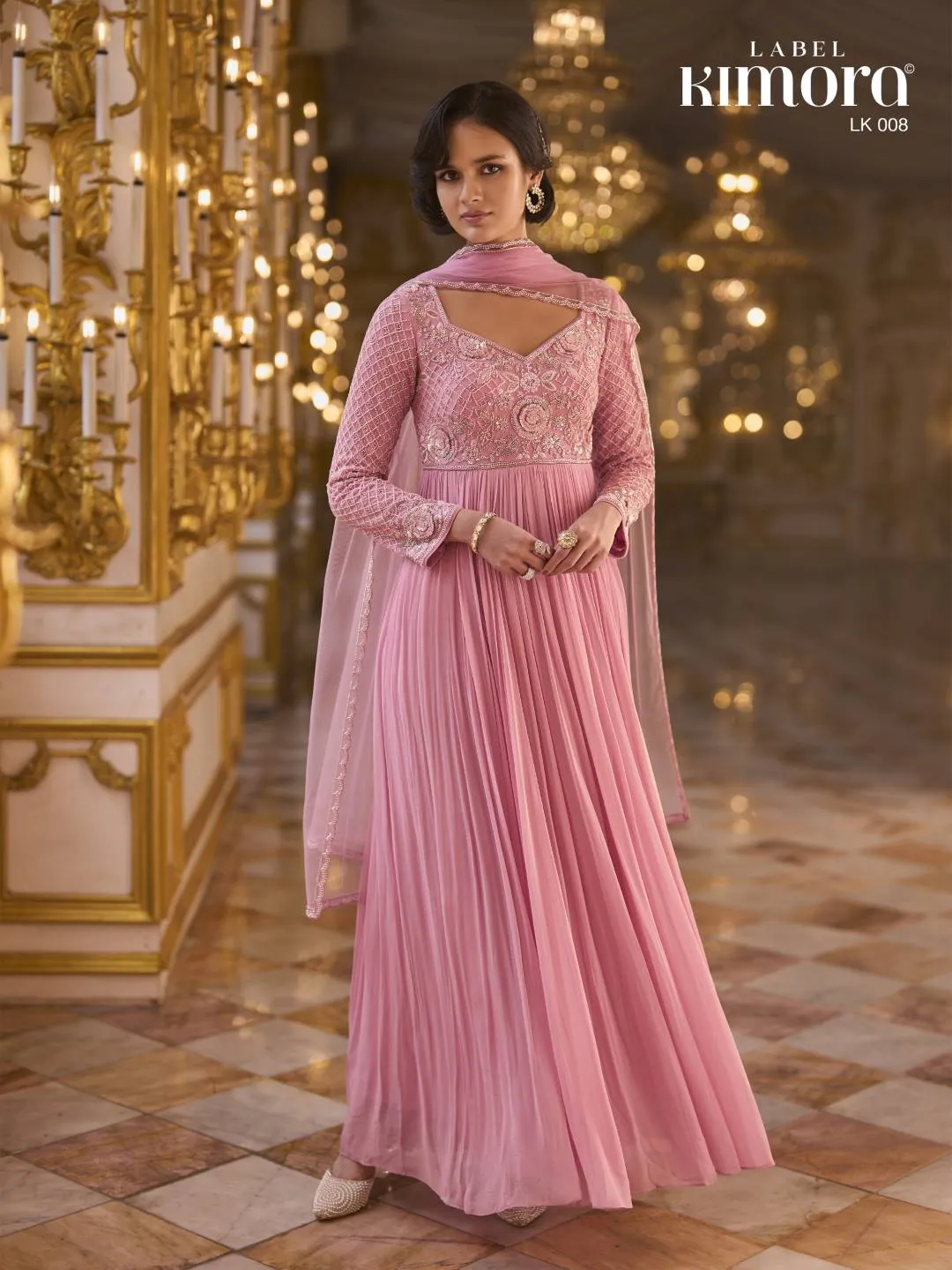 Woman's Vivid Pink Georgette Designer Gown with Beads, Embroidered, Sequins and Zari Work
