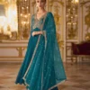 Beads, Embroidered, Sequins and Zari Work Georgette Designer Gown In Turquoise For Woman
