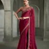 Woman's Wine Tissue Satin Silk Saree with Floral Motifs Zari Embroidered with Contrast Designer Blouse