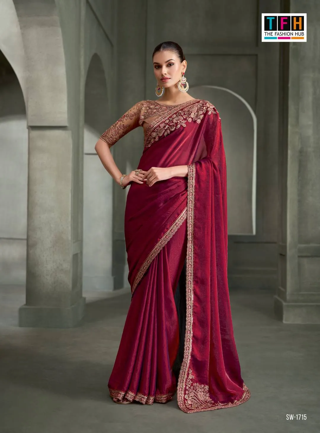 Woman's Wine Tissue Satin Silk Saree with Floral Motifs Zari Embroidered with Contrast Designer Blouse