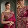 Woman's Wine Tissue Satin Silk Saree with Floral Motifs Zari Embroidered with Contrast Designer Blouse