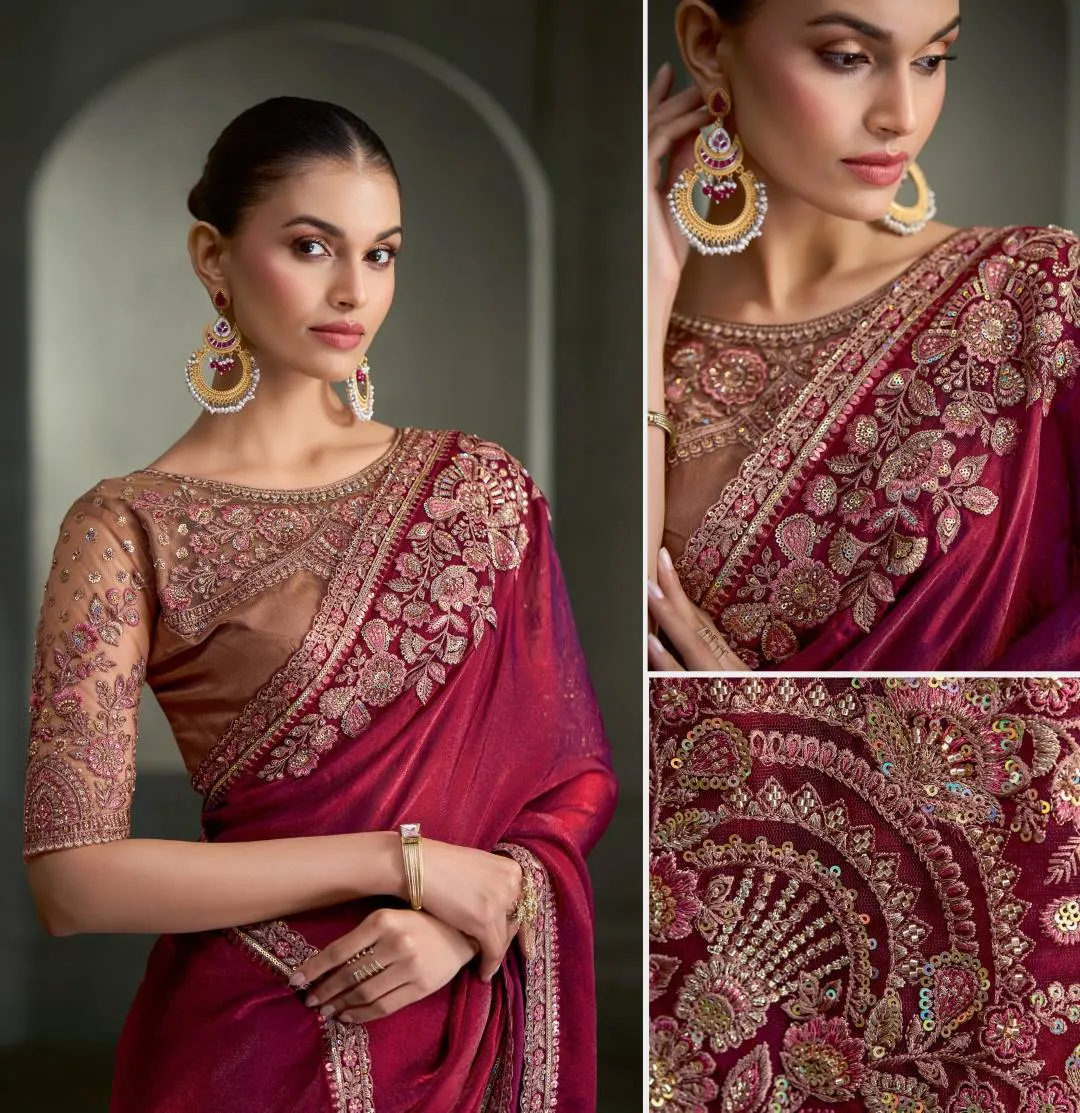 Woman's Wine Tissue Satin Silk Saree with Floral Motifs Zari Embroidered with Contrast Designer Blouse