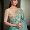 Woman's Aqua Blue & Gold Shimmer Dual Tone Tissue Silk Saree with Zari Embroidered Border
