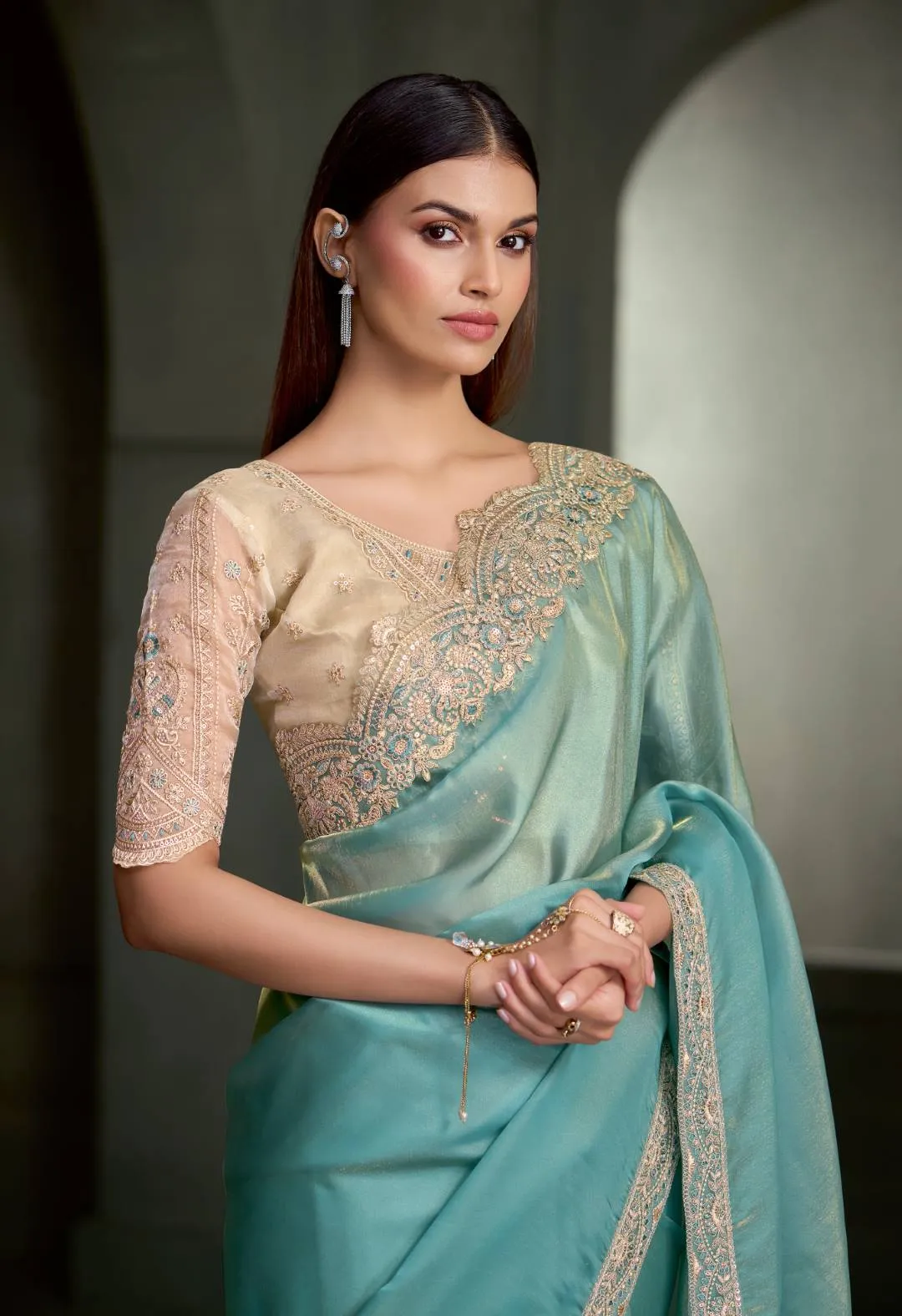 Woman's Aqua Blue & Gold Shimmer Dual Tone Tissue Silk Saree with Zari Embroidered Border