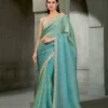 Woman's Aqua Blue & Gold Shimmer Dual Tone Tissue Silk Saree with Zari Embroidered Border