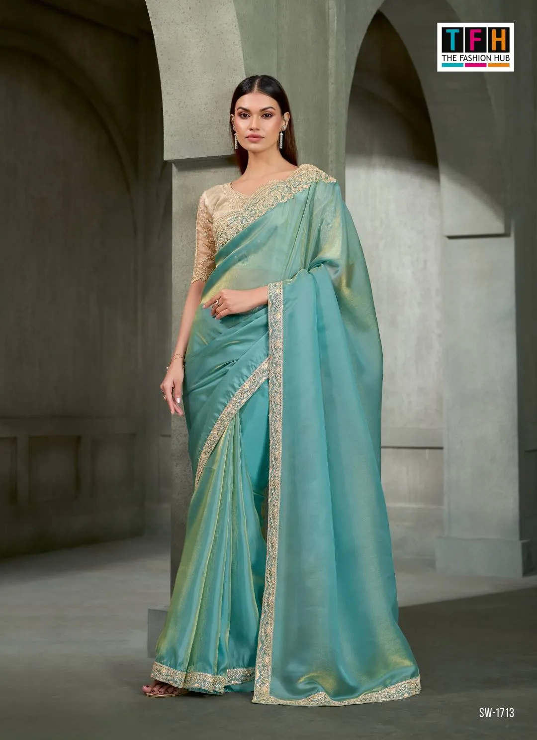 Woman's Aqua Blue & Gold Shimmer Dual Tone Tissue Silk Saree with Zari Embroidered Border