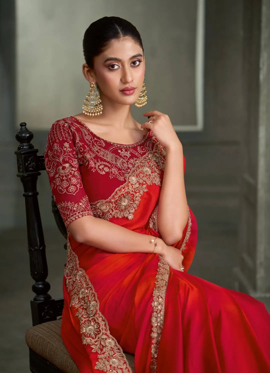 BLENDED RED & ORANGE CHIFFON SAREE & GEORGETTE WORK BLOUSE