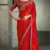 BLENDED RED & ORANGE CHIFFON SAREE & GEORGETTE WORK BLOUSE