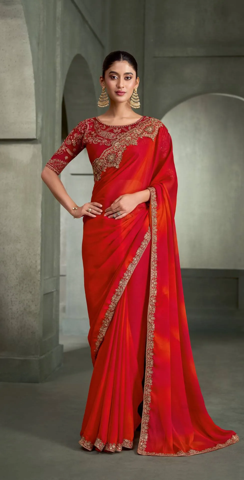 BLENDED RED & ORANGE CHIFFON SAREE & GEORGETTE WORK BLOUSE
