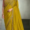 MUSTARD MEHNDI CRAPE SILK SAREE & BANGLORI WORK BLOUSE