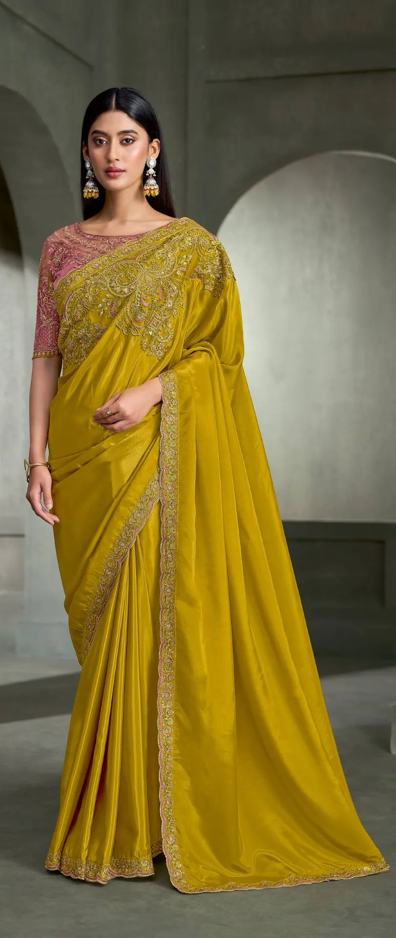 MUSTARD MEHNDI CRAPE SILK SAREE & BANGLORI WORK BLOUSE
