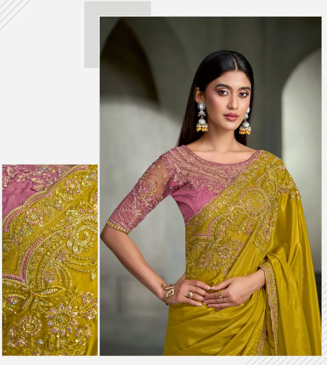 MUSTARD MEHNDI CRAPE SILK SAREE & BANGLORI WORK BLOUSE