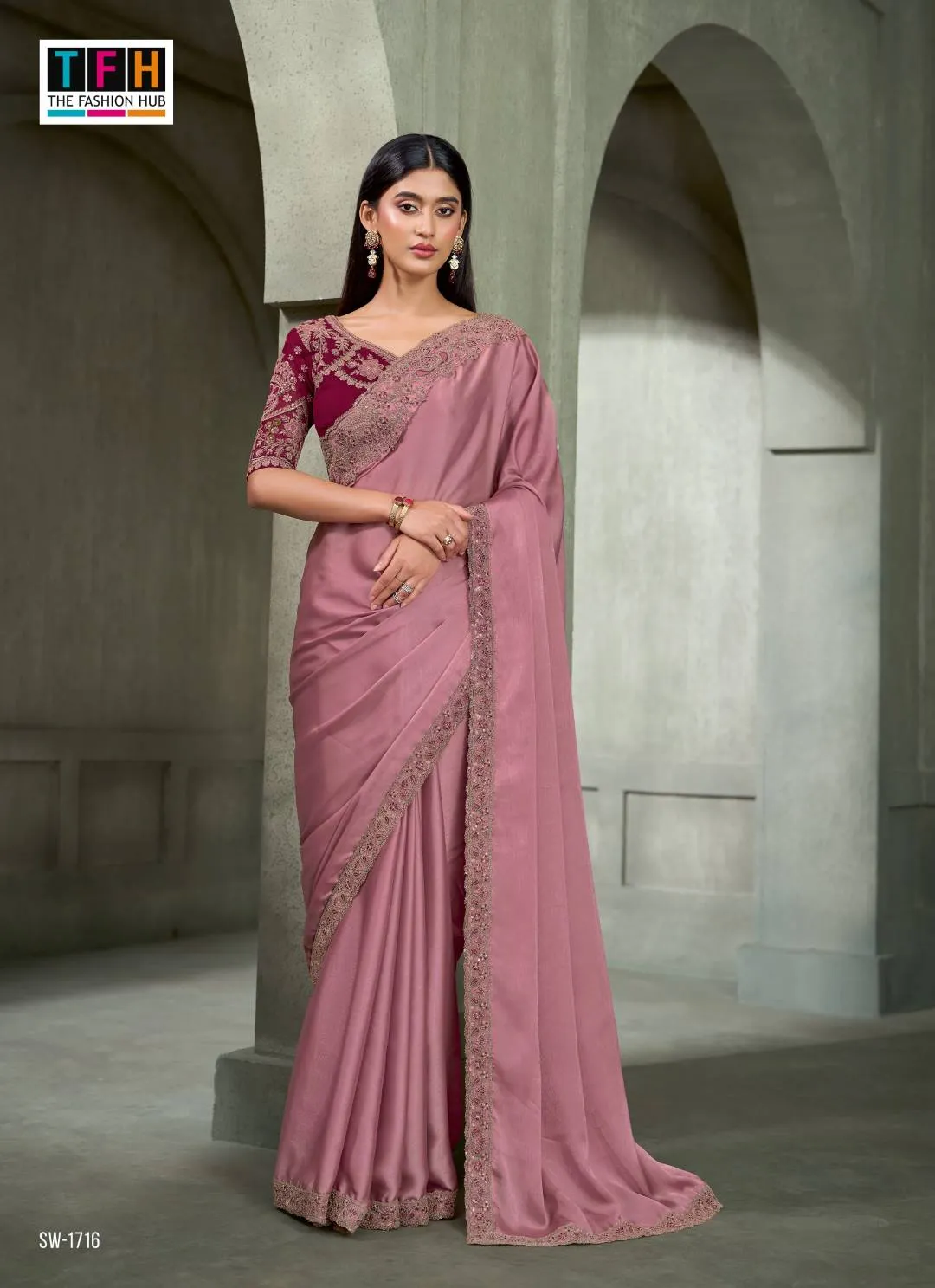 Woman's Light Lilac Purple Satin Georgette Saree with Embellished Zari Border & Embroidered Blouse