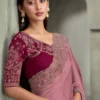 Woman's Light Lilac Purple Satin Georgette Saree with Embellished Zari Border & Embroidered Blouse