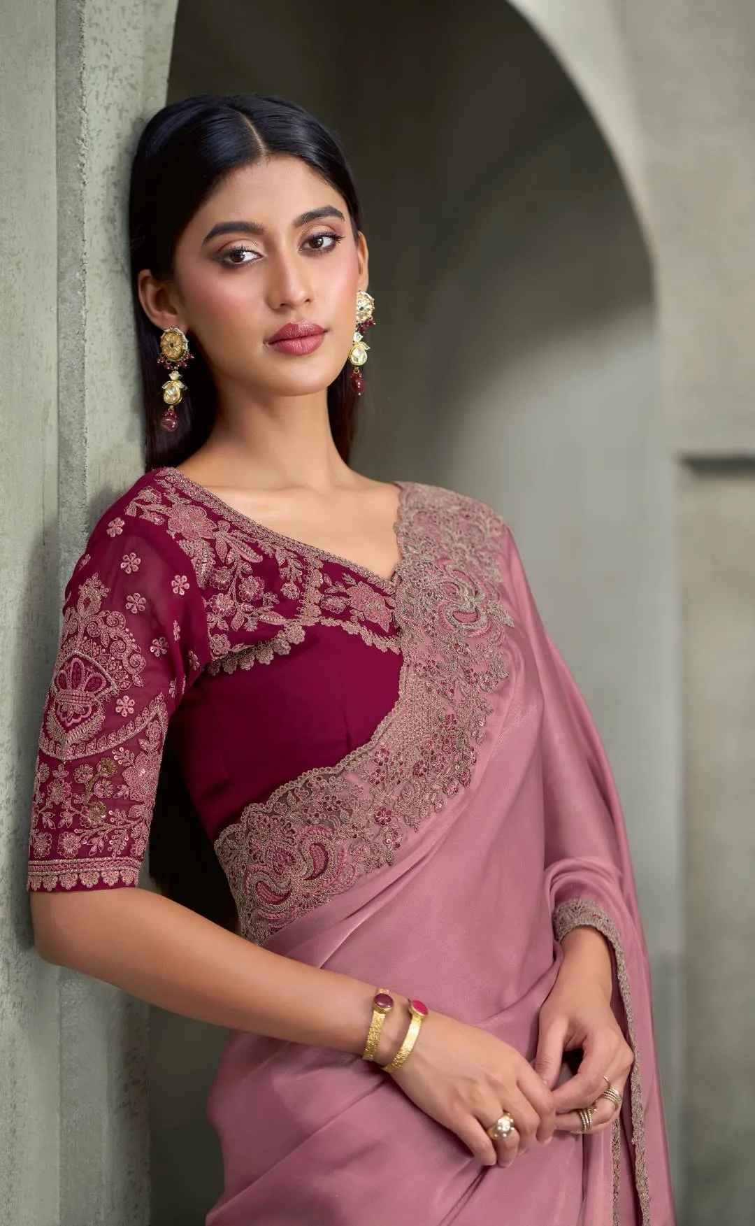 Woman's Light Lilac Purple Satin Georgette Saree with Embellished Zari Border & Embroidered Blouse