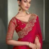 Woman's Tones of Pink & Red Chiffon Saree with Intricate Pallu & Border Work