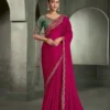Woman's Rani Pink Satin Chiffon Saree with Floral Motifs Zari Embroidered with Contrast Designer Blouse