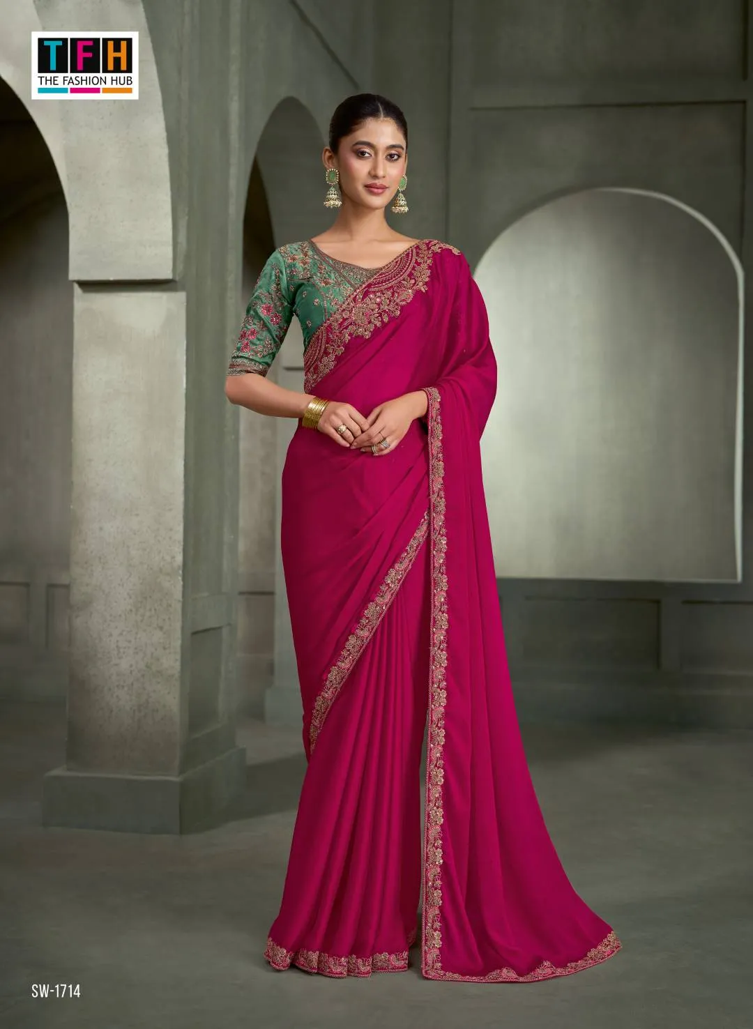 Woman's Rani Pink Satin Chiffon Saree with Floral Motifs Zari Embroidered with Contrast Designer Blouse