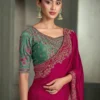 Woman's Rani Pink Satin Chiffon Saree with Floral Motifs Zari Embroidered with Contrast Designer Blouse