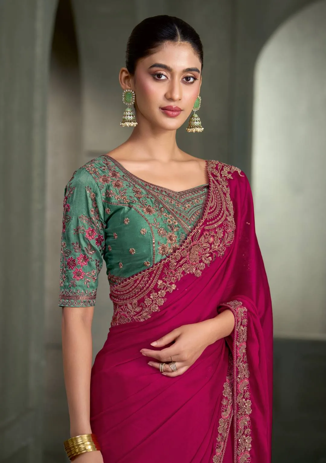 Woman's Rani Pink Satin Chiffon Saree with Floral Motifs Zari Embroidered with Contrast Designer Blouse