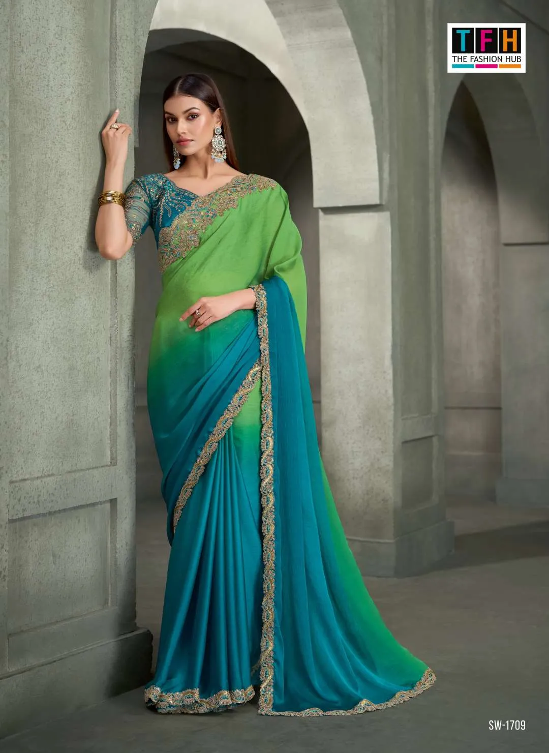 Woman's Majestic Shaded Satin Chiffon Saree with Banglori Work