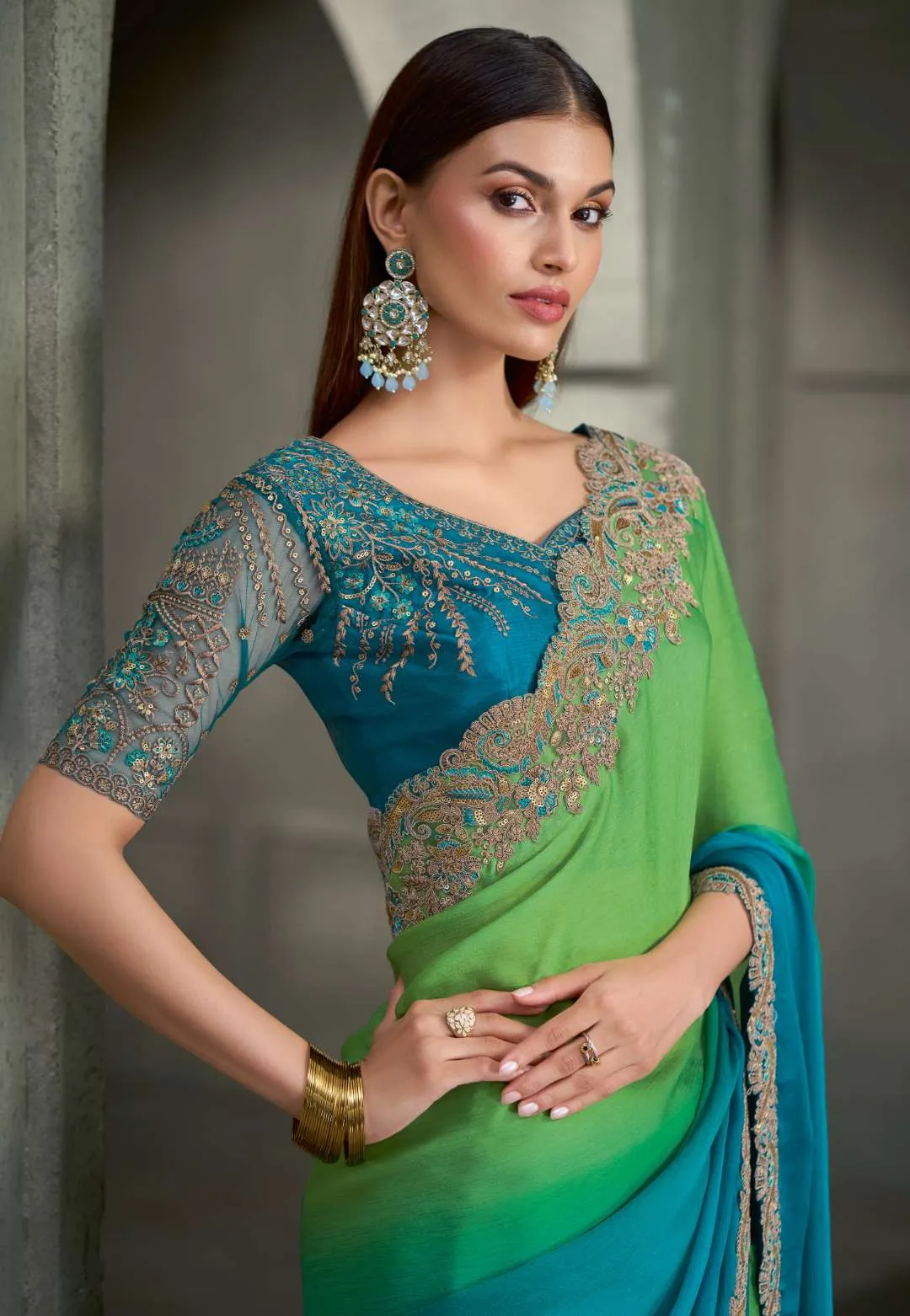 Woman's Majestic Shaded Satin Chiffon Saree with Banglori Work