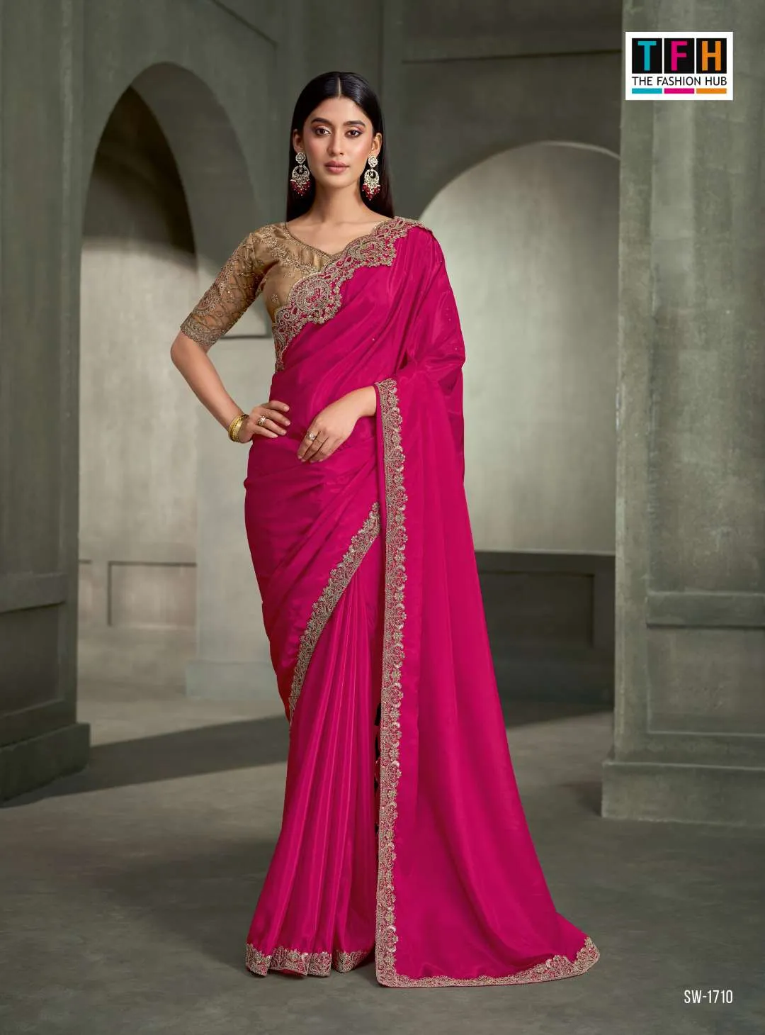 Princess Pink Crape Pink Saree & Tussar Silk Work Blouse