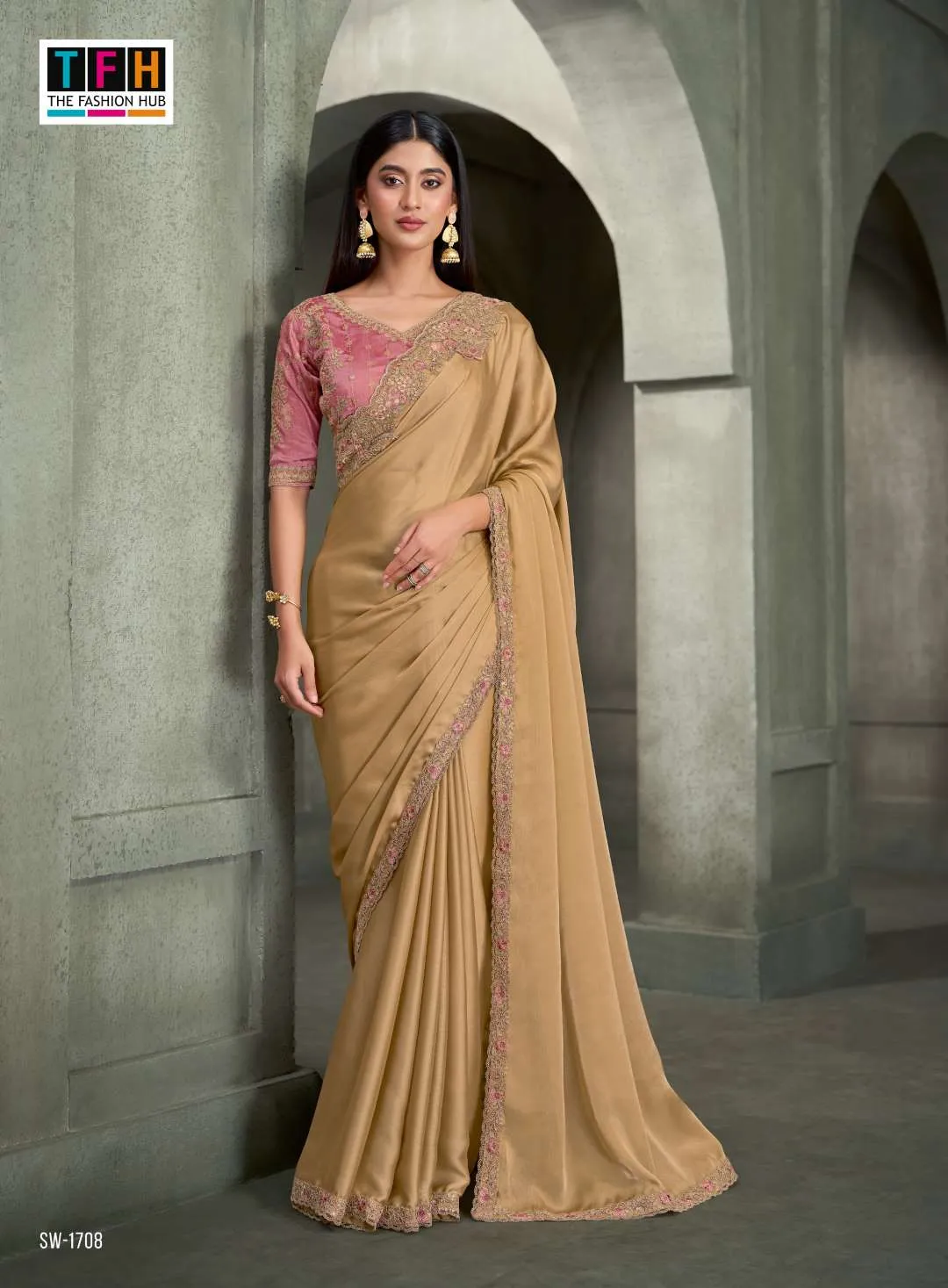 Woman's Deep Cream Satin Georgette Saree with Embroidered Banglori Work