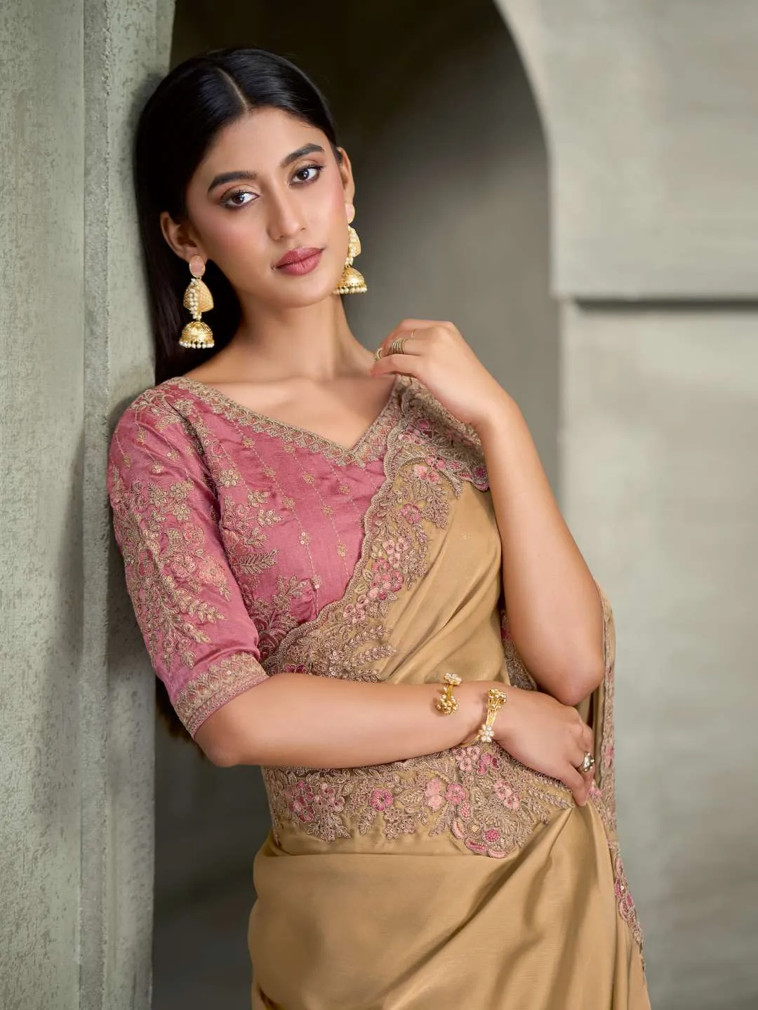 Woman's Deep Cream Satin Georgette Saree with Embroidered Banglori Work
