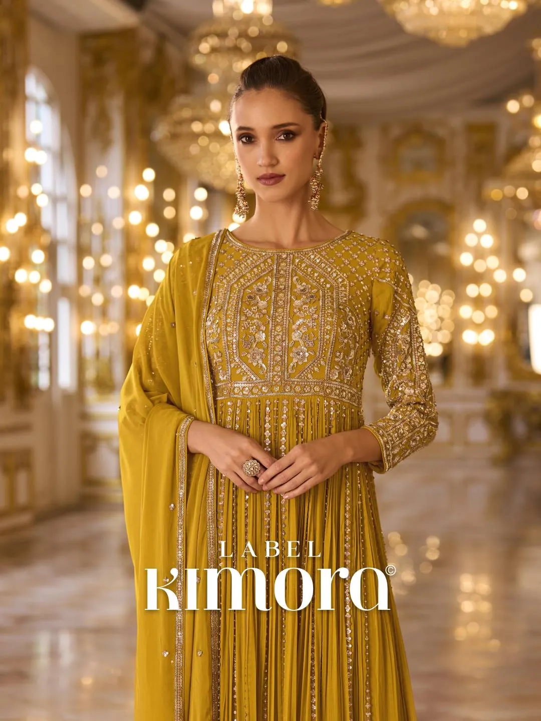 Kimora Mustard Georgette Gown Full Stitch Combo Gown