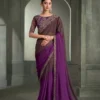 Woman's Deep Plum & Wine Purple Ombre Chiffon with Saree with Zari and Resham Embroidered Border