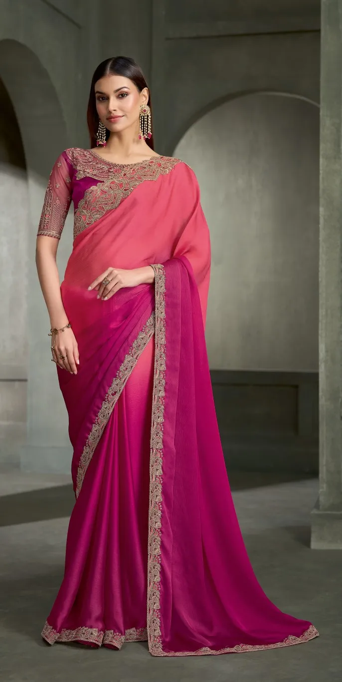 Woman's Floral Embroidered Poly Chiffon Designer Saree