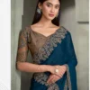 Peacock Blue Georgette Saree with Embroidered Border & Designer Blouse