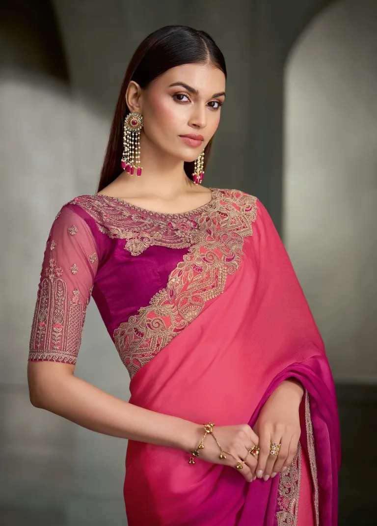 Woman's Floral Embroidered Poly Chiffon Designer Saree