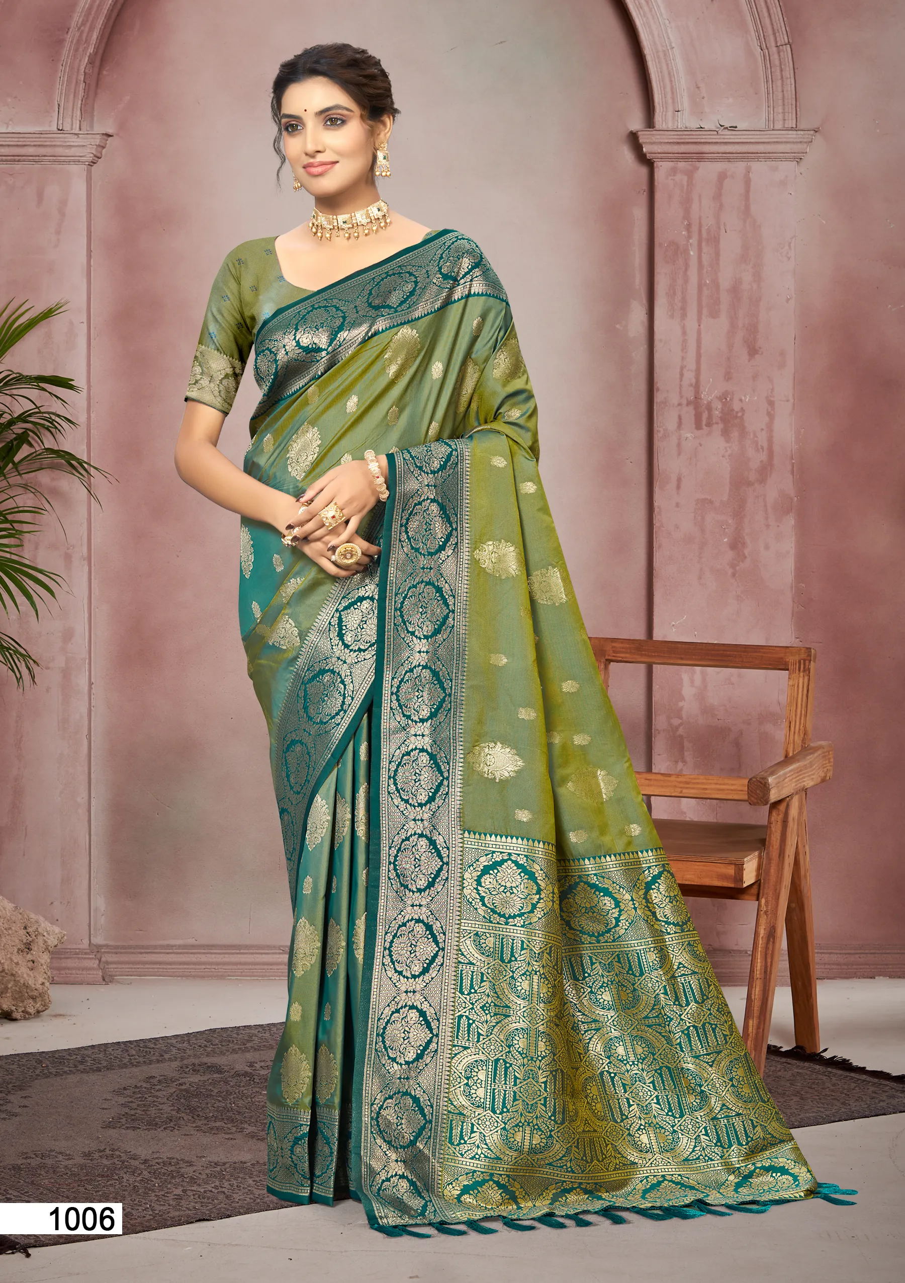 Woman's Moss Green Woven Soft Silk Saree