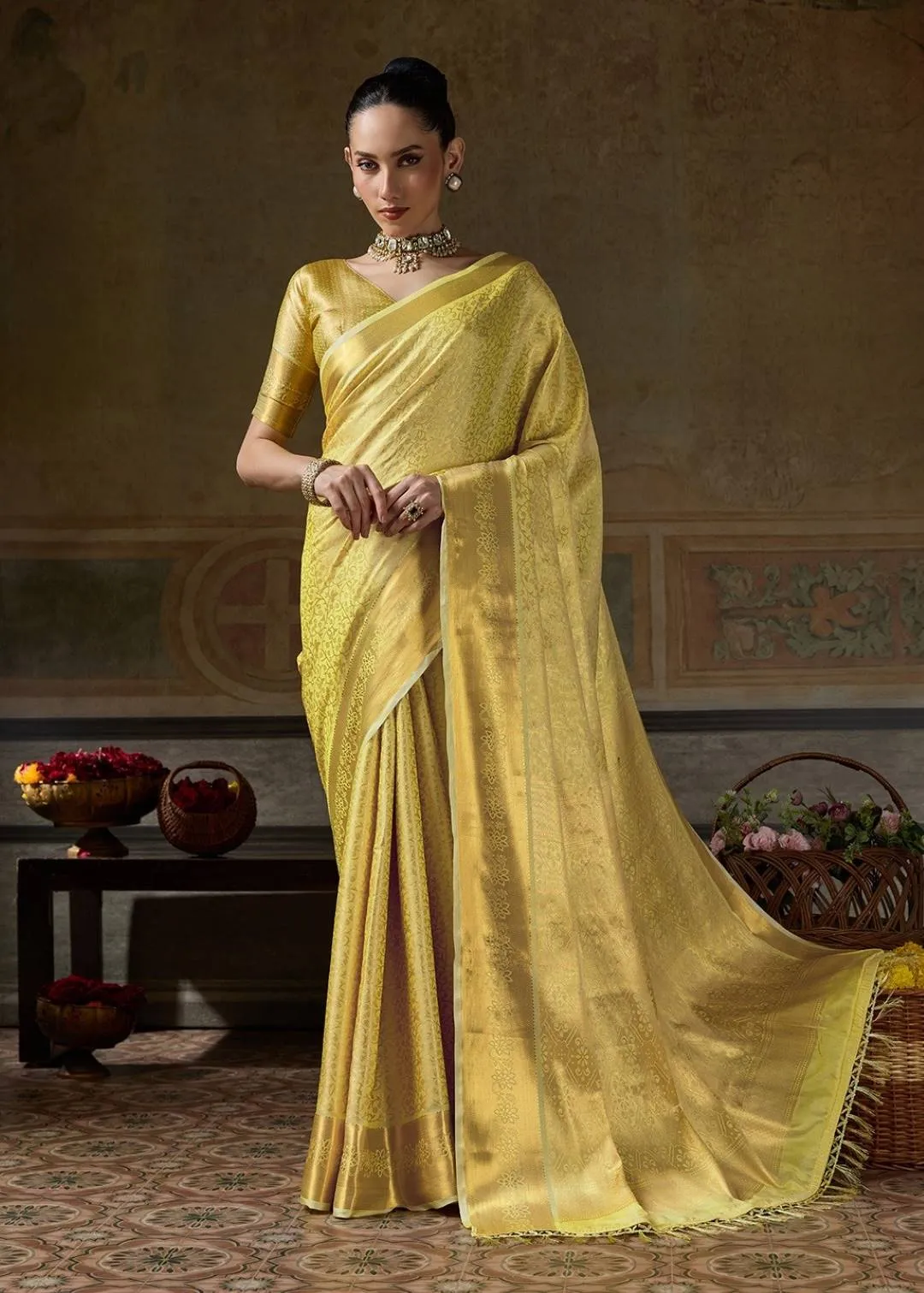 Buy Mustard Yellow Kanjivaram Art Silk Saree With Zari Work