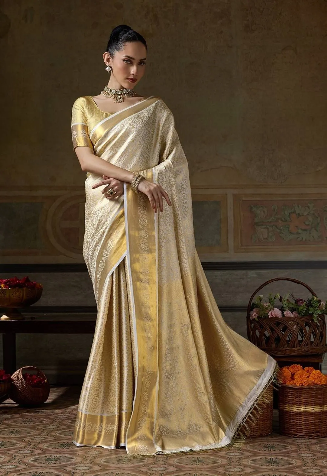 Buy Beige Kanjivaram Silk Woven Saree