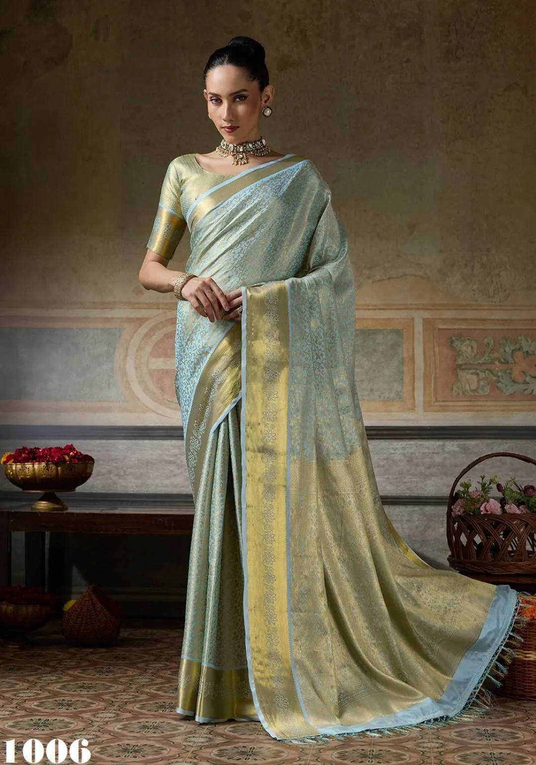 Buy Dusty Blue Woven Kanjivaram Saree