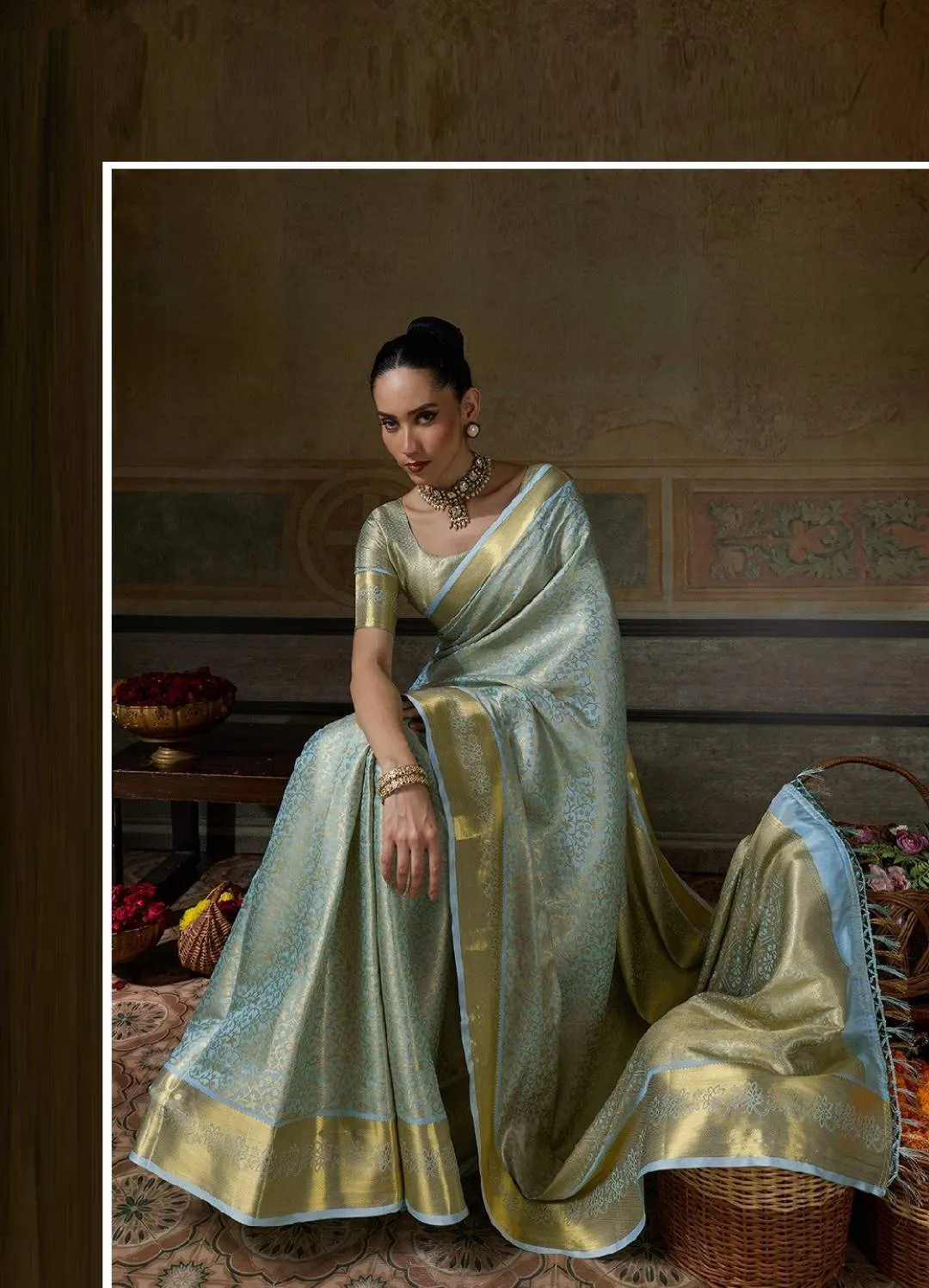 Buy Dusty Blue Woven Kanjivaram Saree