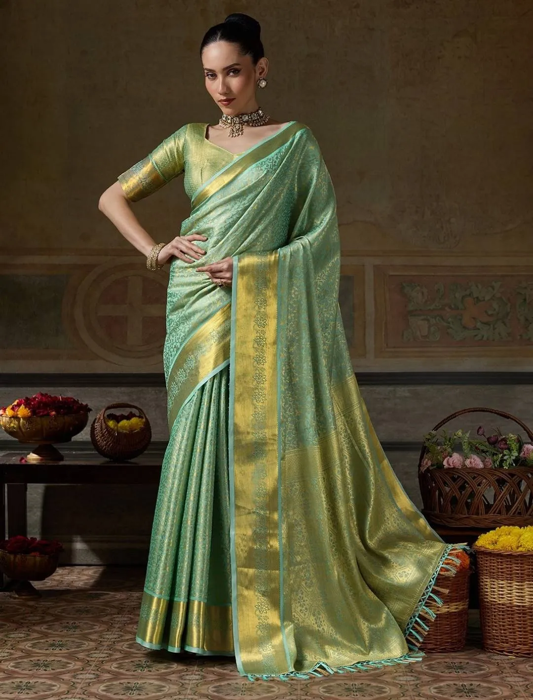 Woman's Graceful Sea Green Kanchivaram Silk Woven Jari Designer Saree