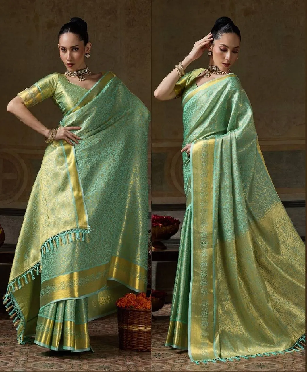 Woman's Graceful Sea Green Kanchivaram Silk Woven Jari Designer Saree
