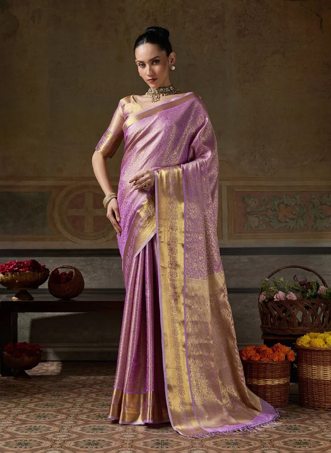 Buy Lavender Kanjivaram Silk Woven Saree
