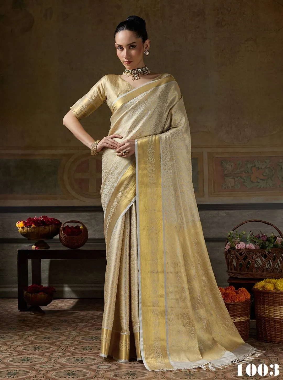 Champagne Gold Kanjivaram Art Silk Saree With Zari Work
