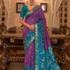 Purple Woven Ikat Soft Silk Saree with Teal and Gold Zari Border