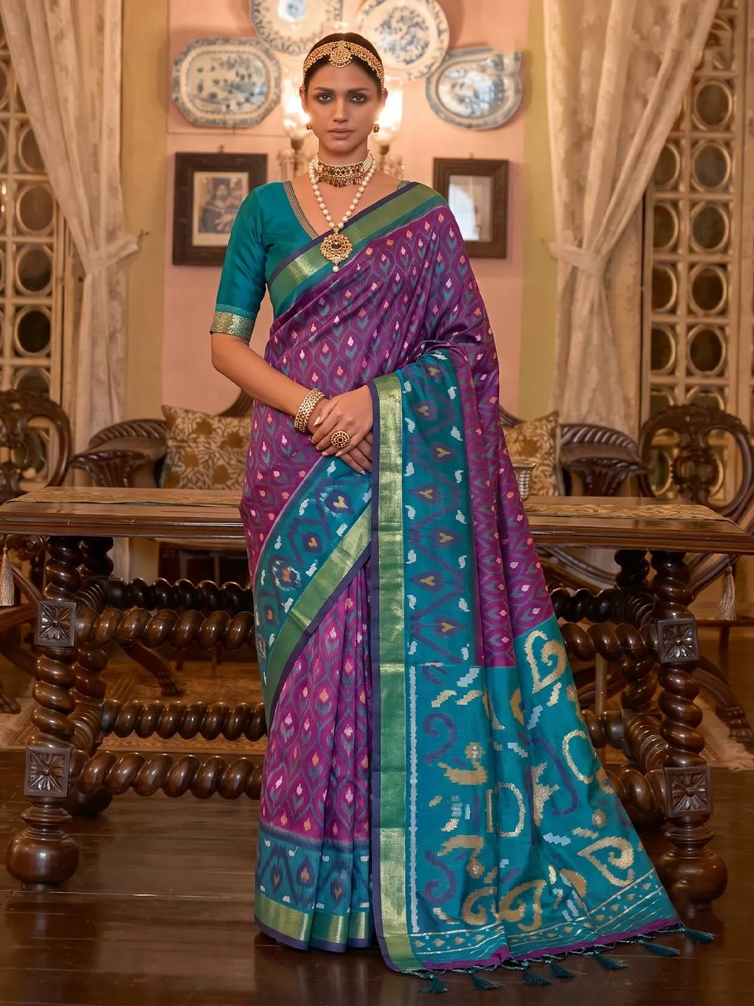Purple Woven Ikat Soft Silk Saree with Teal and Gold Zari Border