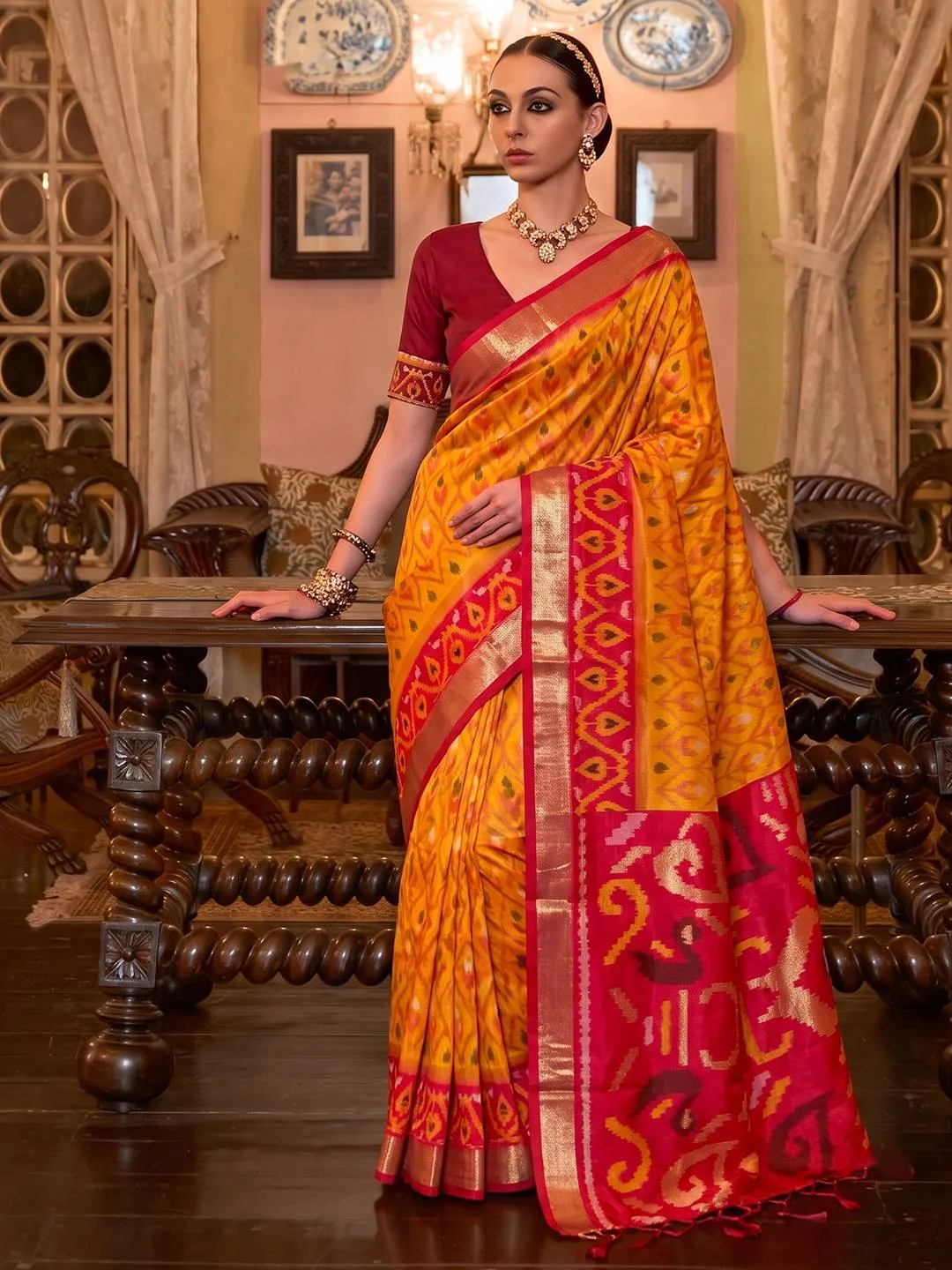 Astita Adishree Mustard Yellow Woven Soft Silk Saree with Red Heavy Pallu