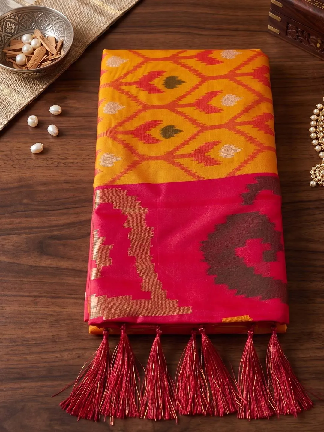 Astita Adishree Mustard Yellow Woven Soft Silk Saree with Red Heavy Pallu