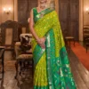 Lime Green and Emerald Silk Blend Patola Print Saree with Zari Border