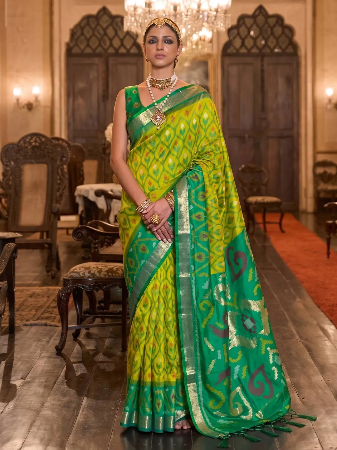 Lime Green and Emerald Silk Blend Patola Print Saree with Zari Border