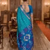 Blue Silk Blend Ikat Saree with Zari Border and Blouse Piece for Women